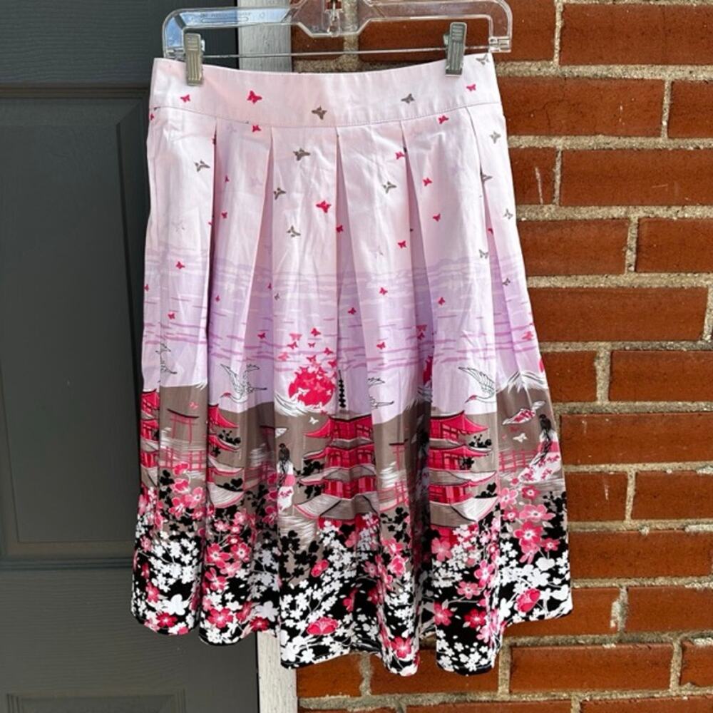NWT Japanese Pink Cherry Blossom Pleated A-Line Skirt Size M Pockets Floral Midi